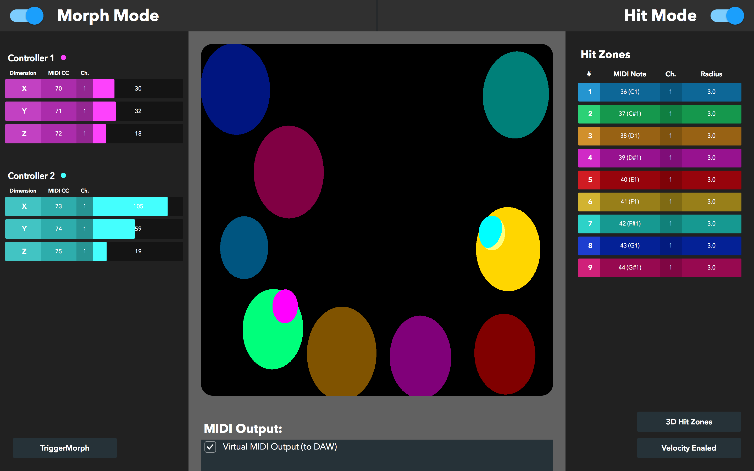 Screenshot of UI of a MoveMIDI software prototype which shows a 3D visualization of colored tranclucent spheres at the center and a panel of controls on the left and the right.