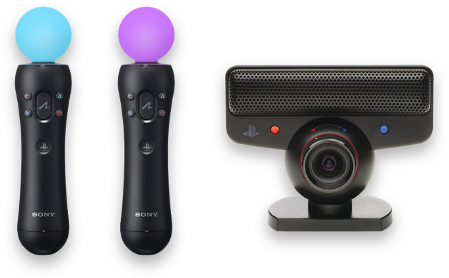 Two handheld motion controllers with glowing orbs on the top next to a small webcam.